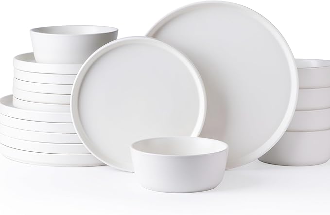 AmorArc Ceramic Dinnerware Sets for 6, Modern Flat Stoneware Plates and Bowls Sets,Chip and Crack Resistant | Dishwasher & Microwave Safe Dishes Set,Scratch Resistant- Service for 6 (18pc)-Matte White