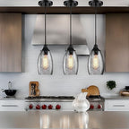Mini Glass Pendant Light,4.72" Black Glass Hanging Light 3-Pack Handblown Clear Black Seeded Shade Adjustable Cord Ceiling Light Fixture for Kitchen Island Sink