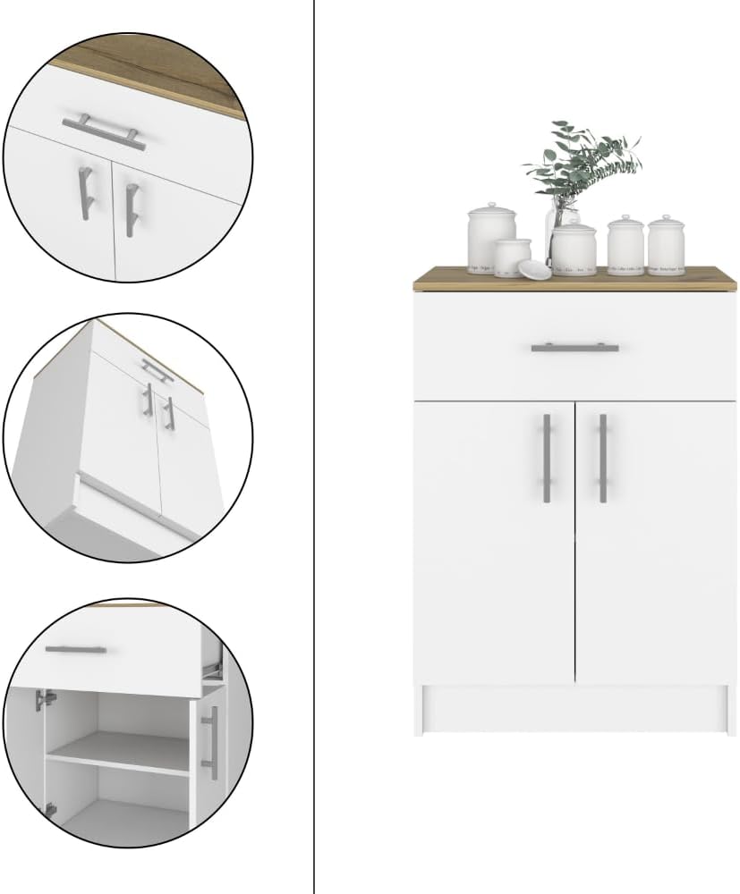 2 Piece Kitchen Set with Island and Pantry Cabinet, White/Light Oak | Includes interlocking mechanism for assembly without tools