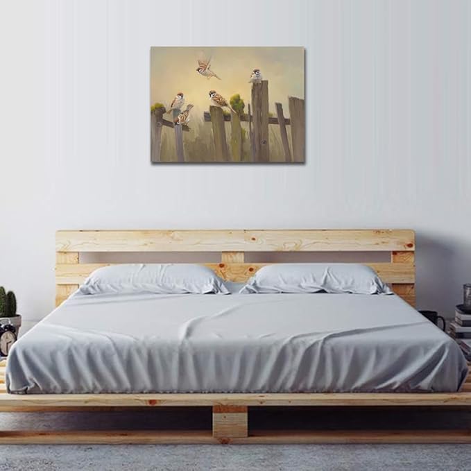 Bird Canvas Wall Art Birds Flying on The Wooden Fence Painting Decor Farmhouse Birds Art Print Pictures for Living Room Kitchen Home Office Decorations 24x32 inch
