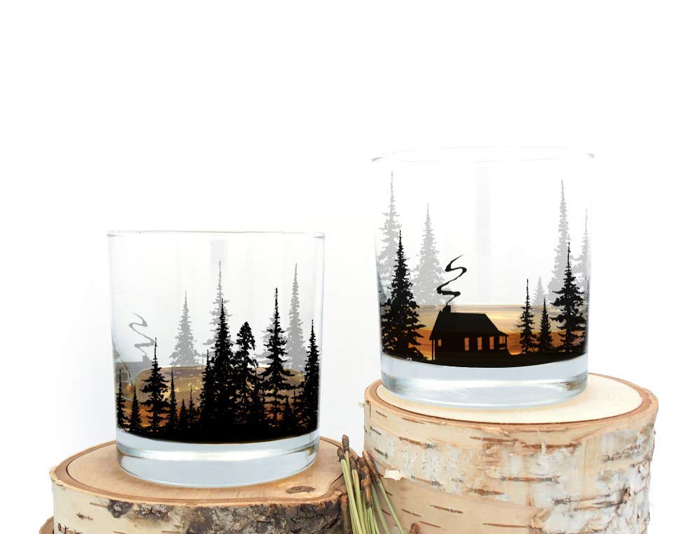 Cabin in the Forest Whiskey Glass Set by Black Lantern – Set of 2 11oz Old Fashioned Cocktail Glasses with Gift Box