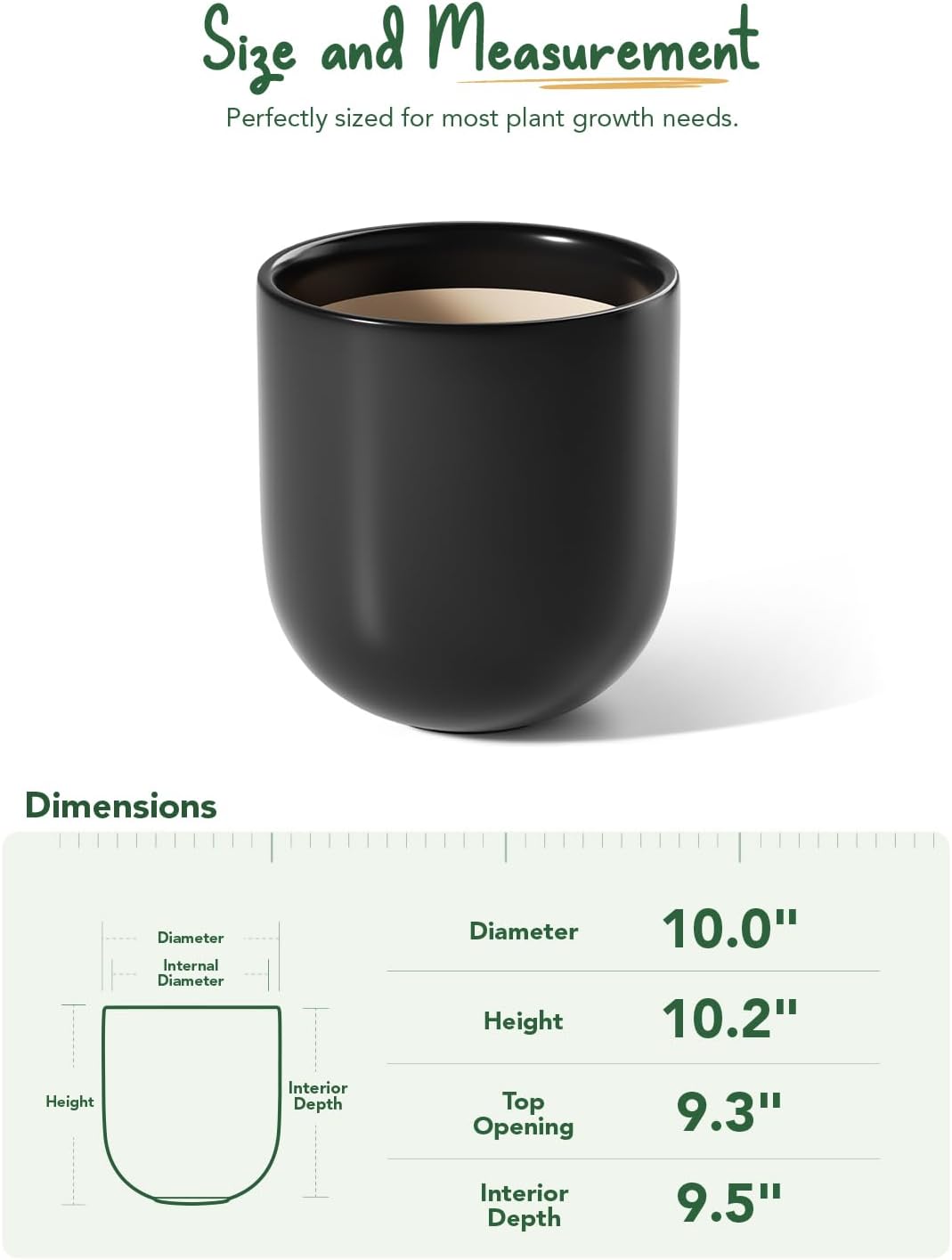 LE TAUCI 10 Inch Plant Pot, Ceramic Pots for Plants with Drainage Hole and Rubber Plug, Plant Pots Indoor for Olive Tree, Cylinder Planter Pot for Home Patio Office, Black