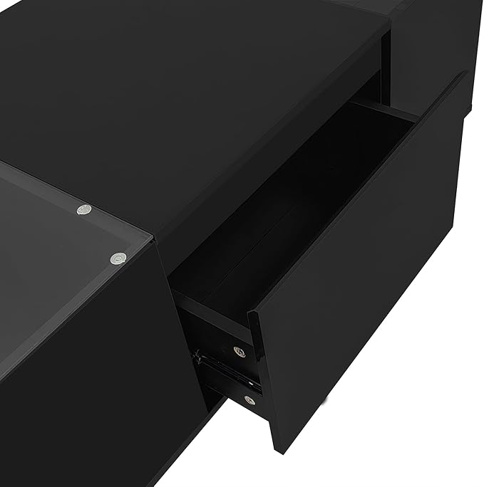 Modern High Gloss Coffee Table with Storage, 41.3-Inch Glass Top Center Cocktail Table with Drawers for Living Room, Black