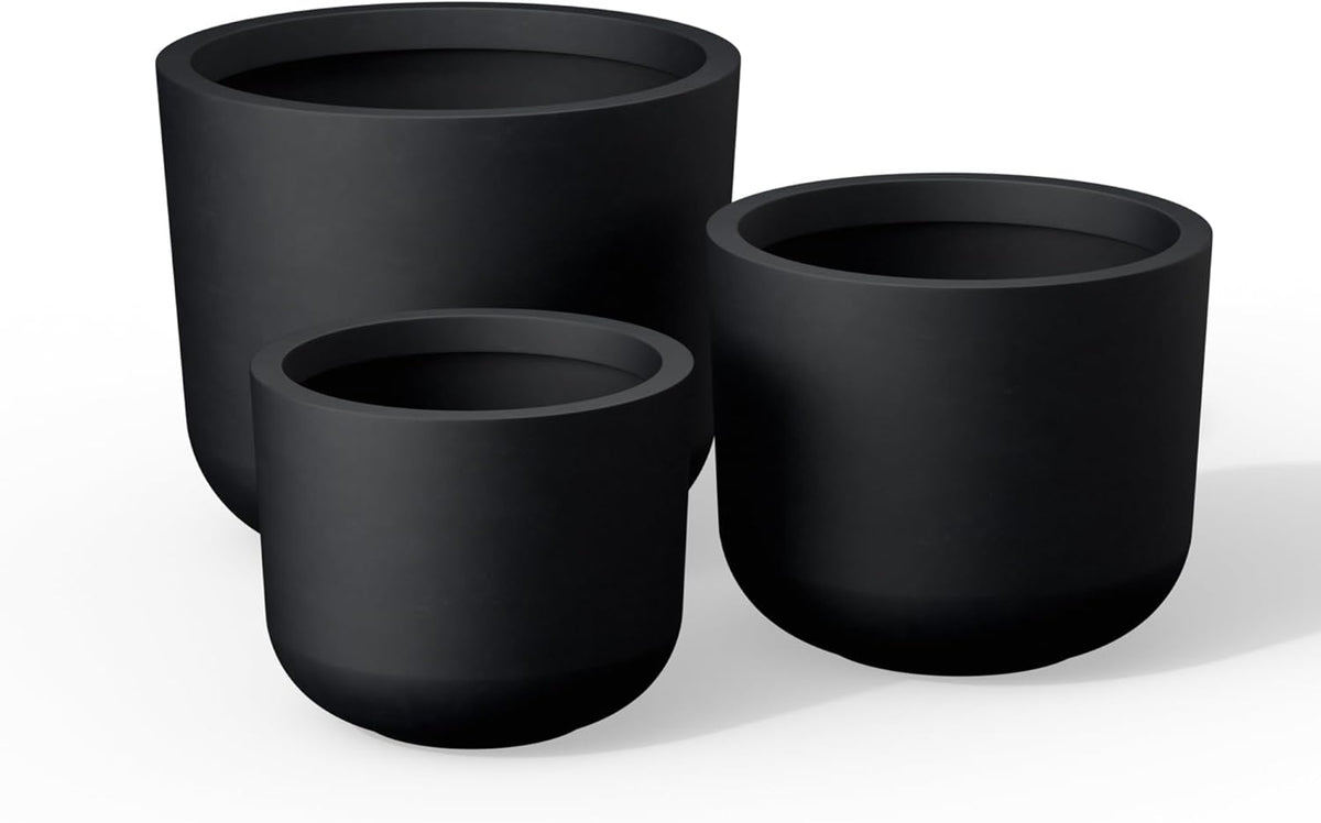 Kante 13",11",9" Dia Black Round Planters (Set of 3), Outdoor Indoor Modern Planter Pots, Lightweight, Weather Resistant, Seamless with Drainage Hole