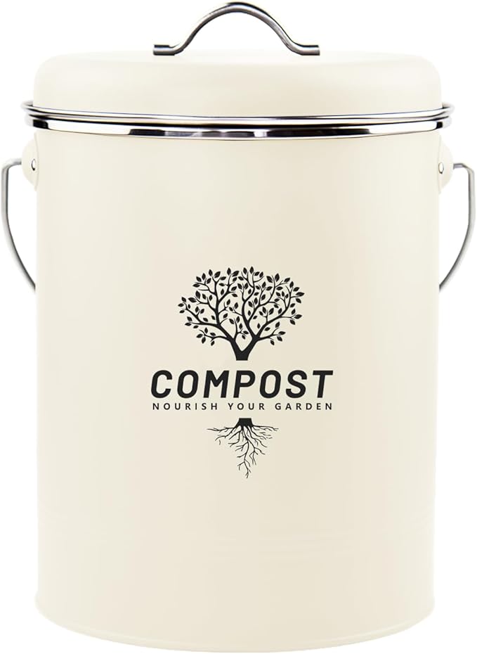 Kitchen Countertop Compost Bin, Odor Resistant Indoor Compost Bin with Lid and Charcoal Filter, Rust Resistant Coated Compost Bucket, Compost Container, Cream
