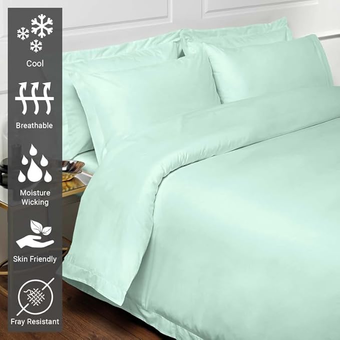 Pizuna Pure 100% Cotton Queen Duvet Cover Set, Luxurious 400 Thread Count Long Staple Cotton Sateen Weave with Button Closure (Combed Mint Green Cotton Duvet Cover Queen)