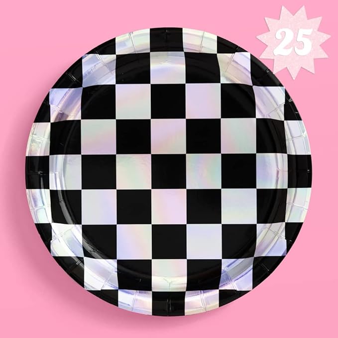 xo, Fetti Black and Iridescent Checker Paper Plates - 25 pack | Happy Birthday Party Decorations, Cute Bachelorette Party, Cool Cake Plates, Checker Disposable Party Plates