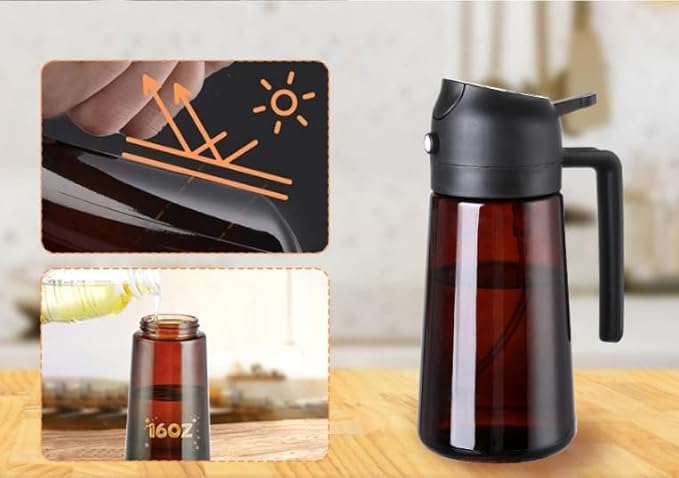 2 In1 Olive Oil Edible oil Dispenser for Kitchen, 16oz Oil Sprayer Bottle for Cooking, Glass Oil BottleSpray and Pour，Food-Grade Mister for Air Fryer, Salad,Baking，BBQ, Upgraded Light Blockin