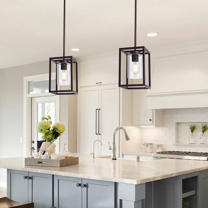 VINLUZ Modern 1-Light Cage Kitchen Island Pendant Lighting with Glass Shade Oil Rubbed Bronze Chandeliers Dining Room Lighting Fixtures Hanging Semi Flush Mount Ceiling Lights Bedrooms Hallway