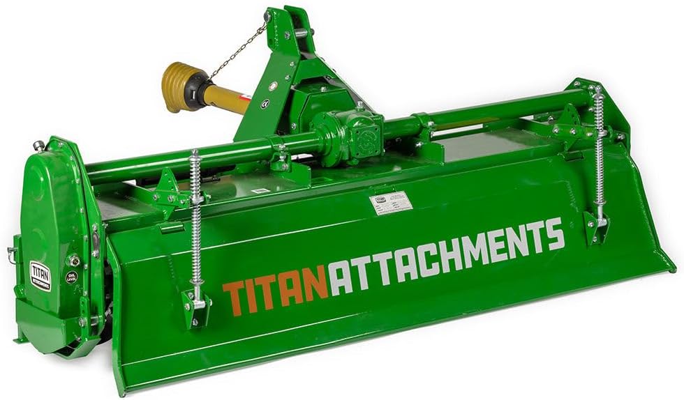 Titan Attachments 3 Point 72" Rotary Tiller Attachment, Fits Cat 1 Tractors, Green Finish, PTO Driven Cultivator with a 540 RPM Gearbox, Replaceable Tines, Aerates Ground Soil