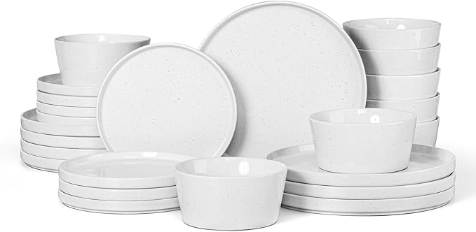 Herogo 24 Pieces Dinnerware Dishes Set for 8, Handmade Stoneware Dining Plates and Bowls Sets, Double Reactive Glaze, Microwave & Dishwasher Safe, Scratch Resistant, Pearl White