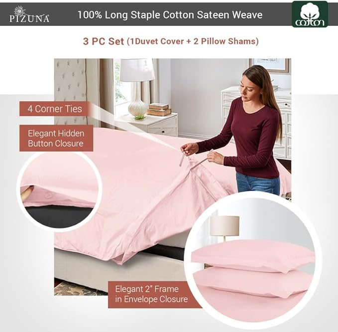 Pizuna Pure 100% Cotton Full Duvet Cover Set, Luxurious 400 Thread Count Long Staple Cotton Sateen Weave with Button Closure (Combed Light Pink Cotton Duvet Cover Full)