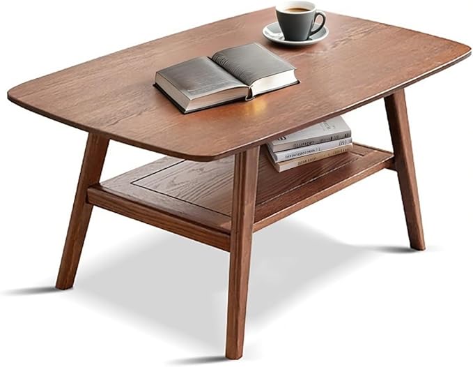 100% Solid Oak Coffee Table with Storage Shelf, 2-Tier Wooden Center Table for Living Room, Farmhouse Rustic Rectangle Table, Easy Assembly,31.49 Inch