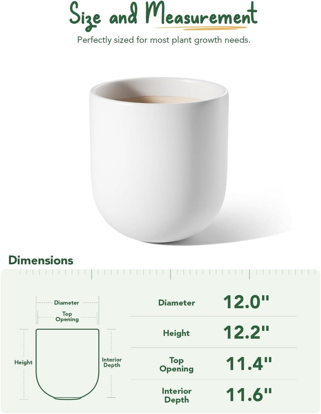 LE TAUCI 12 Inch Pots for Plants, Ceramic Large Planters for Indoor Plants, Indoor Plant Pots for Home Garden Patio Office, Planter Pots with Drainage Hole and Rubber Plug, White