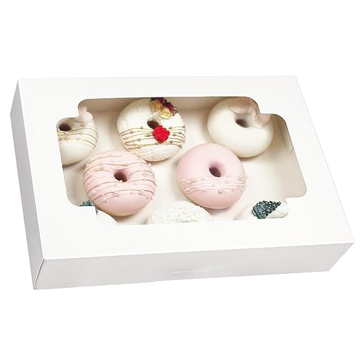 qiqee Auto-pop up White Cookie Box with Window 12x8x2.5 inch 32 Packs Two Uses One Second Folding Pastry Biscuit Bakery Box for Packaging