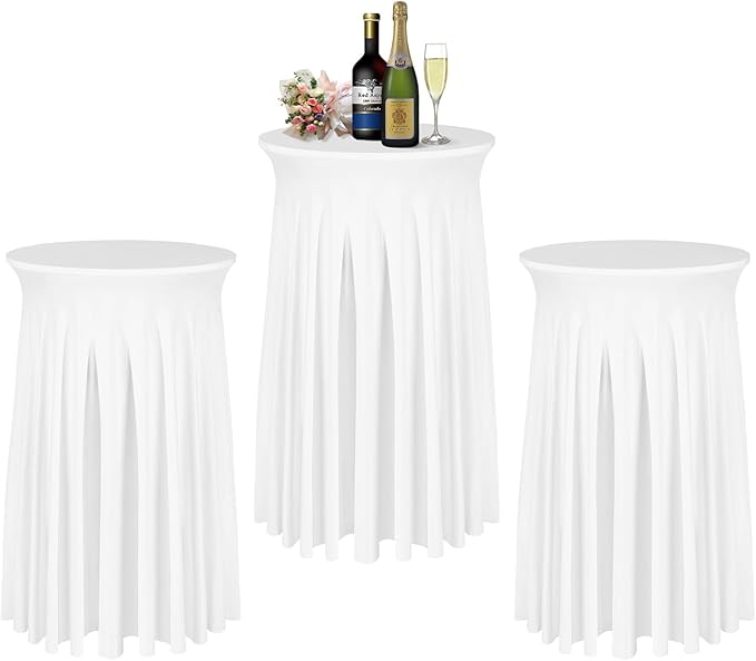 Cocktail Table Covers - 3 Pack 32"x 43" White Cocktail Table Tablecloth with Natural Wavy Round Skirt for Bar Wedding Party Banquet
