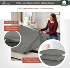 Pizuna Pure 100% Cotton Queen Duvet Cover Set, Luxurious 400 Thread Count Long Staple Cotton Sateen Weave with Button Closure (Combed Pearl Grey Cotton Duvet Cover Queen)