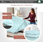 Pizuna Pure 100% Cotton Queen Duvet Cover Set, Luxurious 400 Thread Count Long Staple Cotton Sateen Weave with Button Closure (Combed Ice Aqua Cotton Duvet Cover Queen)