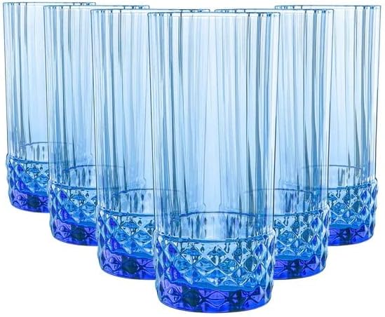 Bormioli Rocco America '20s Set Of 6 Cooler Glasses, 16.5 Oz. Colored Crystal Glass, Sapphire Blue, Made in Italy.