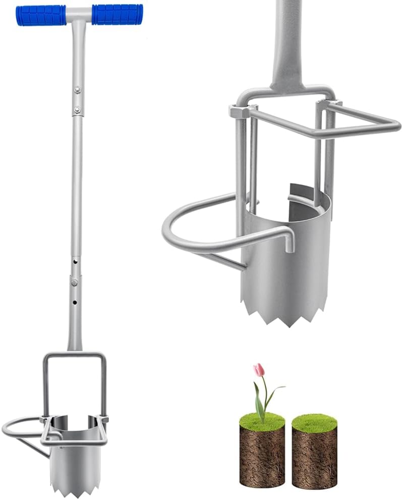 Updated Bulb Planter Long Handle for Digging, 5-in-1 Lawn and Garden Tool,sod Plugger Tool,Weeding,Soil Sampler, Transplanting,Sod Plugger Bulb Transplanting （Height Adjustable ）