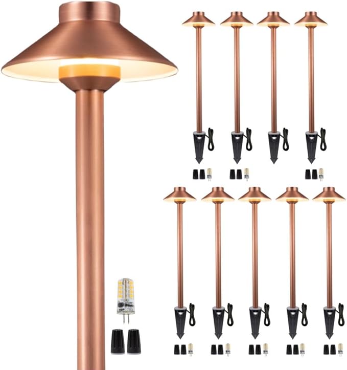 Brass Landscape Lighting Low Voltage, 12V AC/DC Waterproof LED Outdoor Copper Path Lights(Hat) for Sideway Garden with 3W G4 Bulb 2700K(10 Pack)