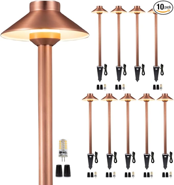 Outdoor Brass Low Voltage Driveway Lights, Copper Electric Waterproof Pathway Lighting, Wired Bronze Hat Top Path Lights for Sideway Garden Patio with 3W 270LM 4000K G4 Bulb 10 Pack