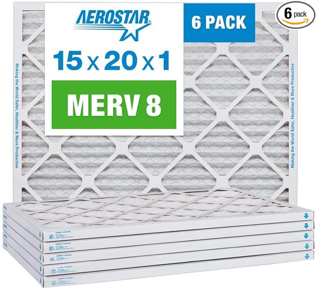 Aerostar 15x20x1 MERV 8-6 Count - High Efficiency Pleated HVAC, Furnace & Air Conditioner Filters - Removes Dust, Lint, Mold & Allergy-Causing Pollen