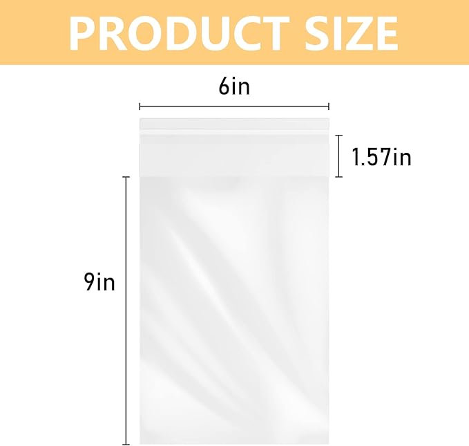 200 Pcs 6''x 9'' Clear Resealable Cello/Cellophane Good for Bakery,Adhesive Treat, Candle, Soap, Cookie Poly Bags