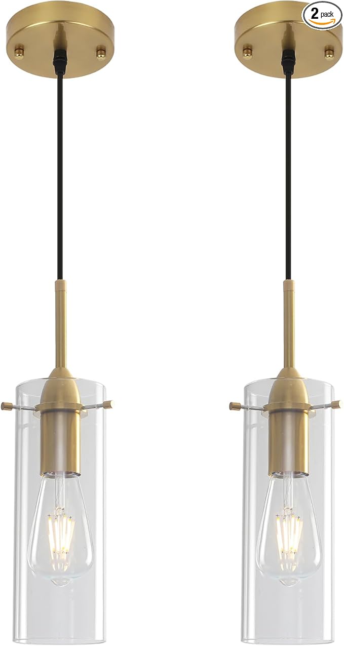 Gold Glass Pendant Lights, Island Pendant Lights for Kitchen, Blown Glass Pendant Light 2 Packs, Modern Kitchen Pendant Light, Hanging Pendant Lights for Kitchen Island, Dining Living Room