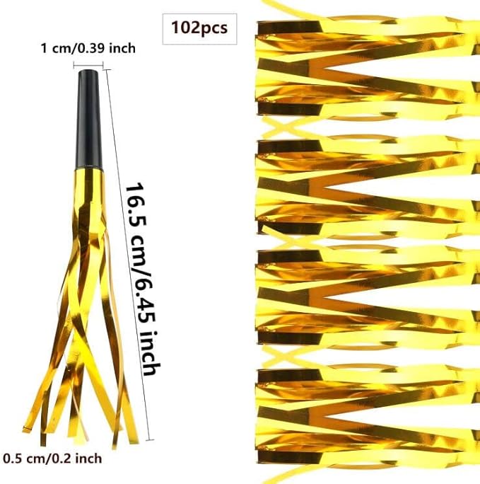 102 Pieces Glitter Gold Fringed Noise Maker Musical Blow Outs Musical Blowouts whistle Party Blow Horns for Kids Birthday Holiday New Years Party Favors Goodie Bag Stuffers Fillers