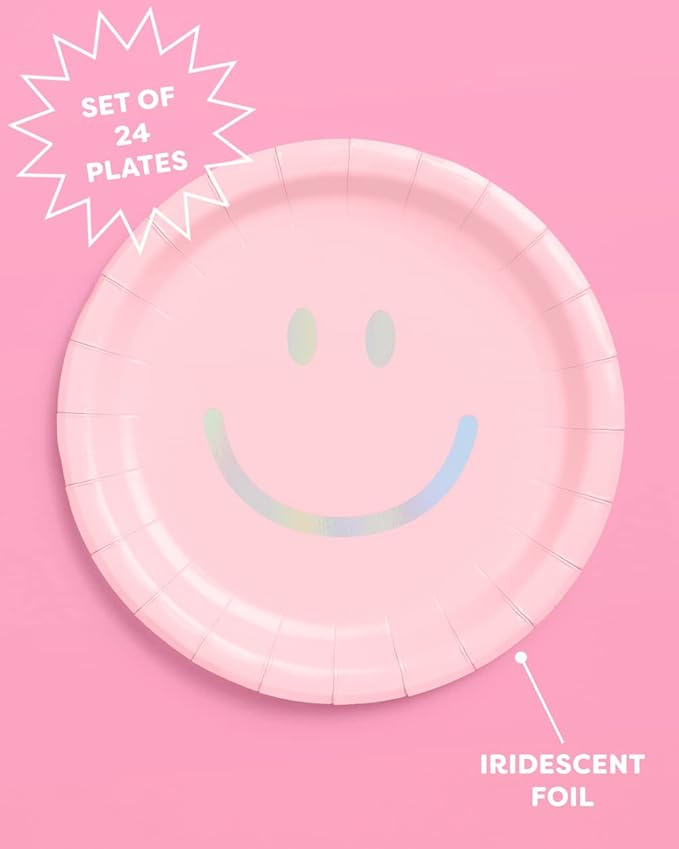 xo, Fetti Smiley Paper Plates - 24 pk, 9" | Happy Pastel Birthday Party Decorations, Cute Bachelorette Party, Cool Cake Plates
