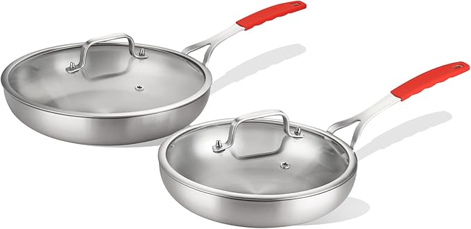 DELARLO Tri-ply Stainless Steel Frying Pan Set with Lid 10"12" large Skillets Induction Chef's Pan,Pots and Pans Set Kitchen Cookware Set Dishwasher and Oven Safe