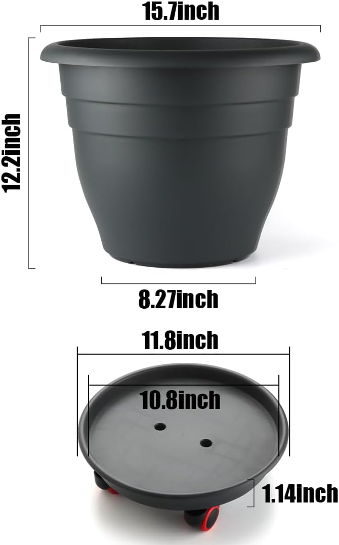 3-Pack Jumbo 15.7 Inch Planters with Rolling Saucers & Drainage – Large Flower Pots for Indoor/Outdoor, Heavy-Duty Moving Trays, Fits Tall Plants (Set of 3, Black)