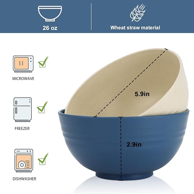 26 oz Wheat Straw Bowls,Unbreakable Cereal Bowls Set of 6,Microwave & Dishwasher Safe Salad Bowls for kitchen, Kitchen Bowl Sets for Soup,Salad,Fruit,Snack and Oatmeal-Multi Color