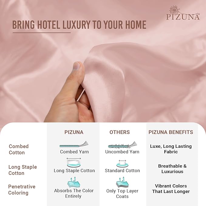 Pizuna 100% Cotton Twin 2 Pc Duvet Cover + 1 Pc Fitted Sheet Set 400 Thread Count Light Pink Sateen Weave Luxurious Long Staple Cotton 4 Piece Bedding Set-1 Duvet Cover, 1 Pillow Sham, 1 Fitted Sheet