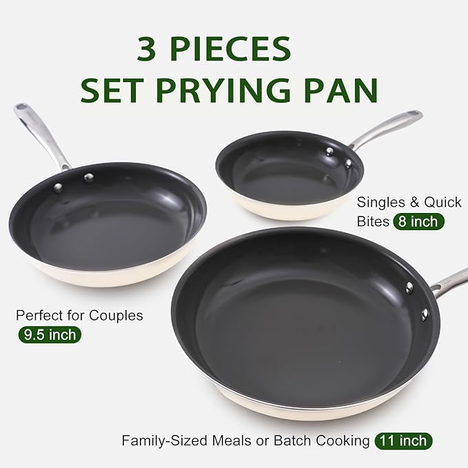 Cookware Set Nonstick Frying Pans, 8,9.5,11 inches Ceramic Non Stick Skillets, Egg Fry Pans for Cooking,PTFE,PFOA,PFAs Free,Oven&Dishwasher Safe,Ash Grey