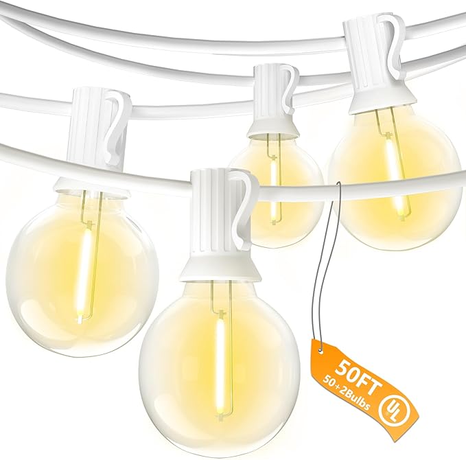SUNSGNE White String Lights Outdoor, 50FT White Outdoor Lights with 52 G40 Shatterproof LED Bulbs(2 Spare) for Patio Garden Porch Pergola Bistro Outside Decorations, E12 Socket