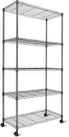 Whitmor 5 Tier Shelving Unit, Adjustable Storage Shelves with Wheels, 400 lbs Capacity per Shelf, Max 2000 lbs Total for Pantry, Kitchen, Garage, 30" L x 14" W x 60" H, Black