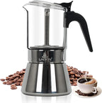 Stovetop Espresso Maker, 6Cup 240ml Classic Moka Pot, Crystal Glass-top & Stainless Steel Coffee Maker Mocha Pot, Greca De Cafe, Cuban and Italian Coffee Maker for Cafetera Cubana