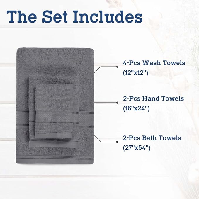 Casa Lino Bath Towel Set of 8 (2 Bath Towels, 4 Wash Cloths & 2 Hand Towels for Bathroom) - 100% Cotton - Highly Absorbent & Quick Dry - Guest Room Essentials for Bathroom Set - (Charcoal Black)