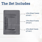 Casa Lino Bath Towel Set of 8 (2 Bath Towels, 4 Wash Cloths & 2 Hand Towels for Bathroom) - 100% Cotton - Highly Absorbent & Quick Dry - Guest Room Essentials for Bathroom Set - (Charcoal Black)