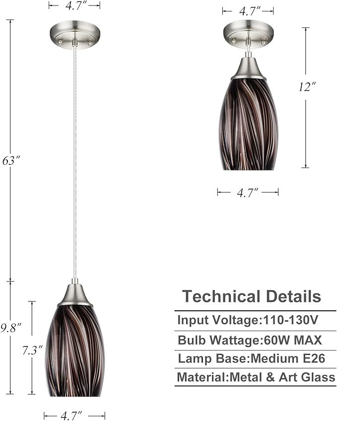 Mini Pendant Lights Kitchen Island,Blown Art Glass Pendant Light Fixtures with Brush Nickel Finish Coffee Brown Hanging Lamp Shade for Kitchen Over Sink,Hallway,Bathroom Dining Room