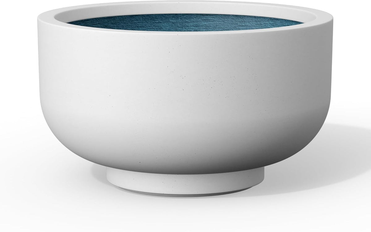 Kante 13.8 Inch Dia Concrete Bowl Planter, Large Tapered Bottom Plant Pot with Drainage, Smooth White Finish with Aqua Blue Interior, Ideal for Porch, Home, Garden, Patio
