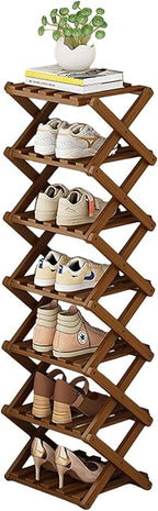YYW Bamboo Shoe Rack for Entryway,Installation-Free and Foldable Vertical Shoe Storage Organizer,Free Standing Shoe Racks Shelf Closet Shoe Organizer for Living Room (Tawny-7 Layers)