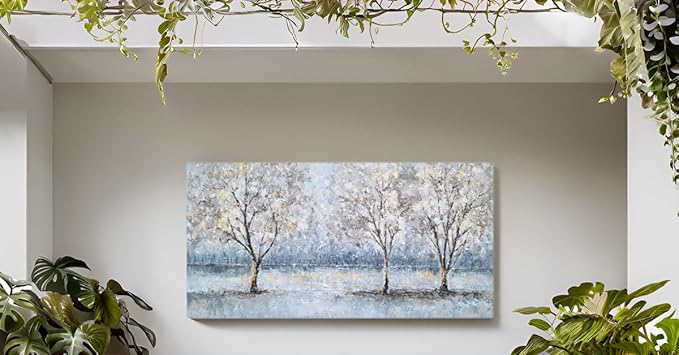 NdcSkyArt Blue Grey Tree Paintings Hand Painted Canvas Wall Art with Gold Foil Modern Abstract Grey Contemporary Rustic Farmhouse Family Tree Landscape Pictures Scenery Artwork
