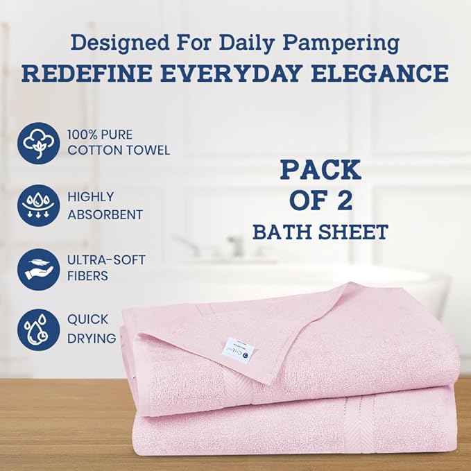 Casa Lino Bath Sheets Set Extra Large - 100% Cotton Extra Large Bath Towels - Highly Absorbent & Quick Dry Oversized Towels for Adults - 60" x 30" - Pack of 2 - (Blush Pink)