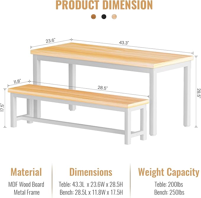 AWQM 43.3" Dining Table Set for 4, Kitchen Dining Table with 2 Benches, Dining Room Table Set with Metal Frame & Thickened Board for Kitchen, Restaurant, Oak