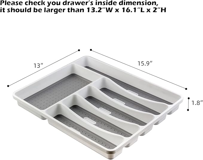 LeMuna Silverware Organizer Tray for Drawer, 6 Compartment Kitchen Drawer Organizer, Soft Grip Lining and Non-Slip Rubber Feet, Flatware Plastic Cutlery Tray
