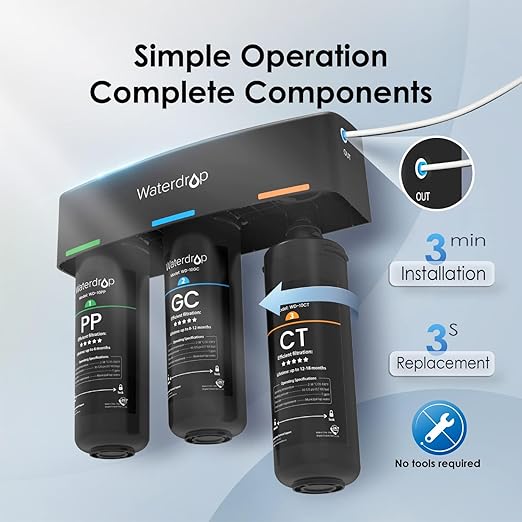 Waterdrop TSB 8 Layer Under Sink Water Filter, Reduces PFAS, PFOA/PFOS, Fluoride, Chlorine, Bad Taste & Odor, with Dedicated Faucet, NSF/ANSI 42 Certified Element, Under Sink Water Filtration System
