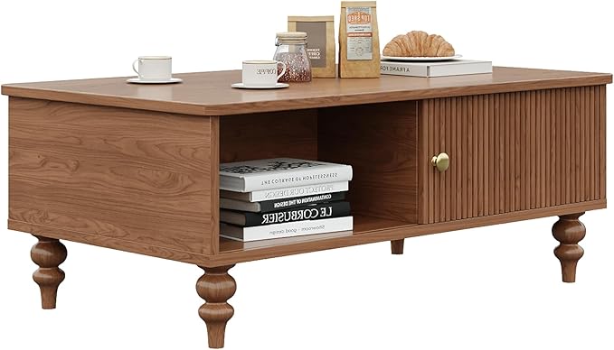 Modern Coffee Table, Mid-Century Wooden Center Table with Open Storage Shelf, Farmhouse Wooden Storage Coffee Table for Home and Office Décor, Walnut Oak